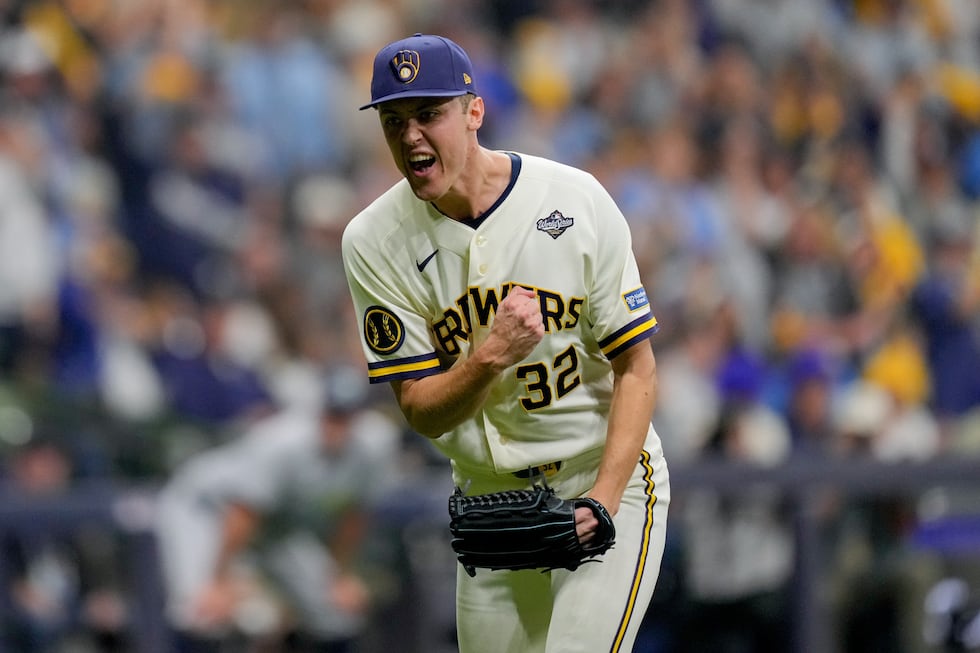 Milwaukee Brewers pitcher Jacob Misiorowski celebrates after the second inning of Game 1 of...