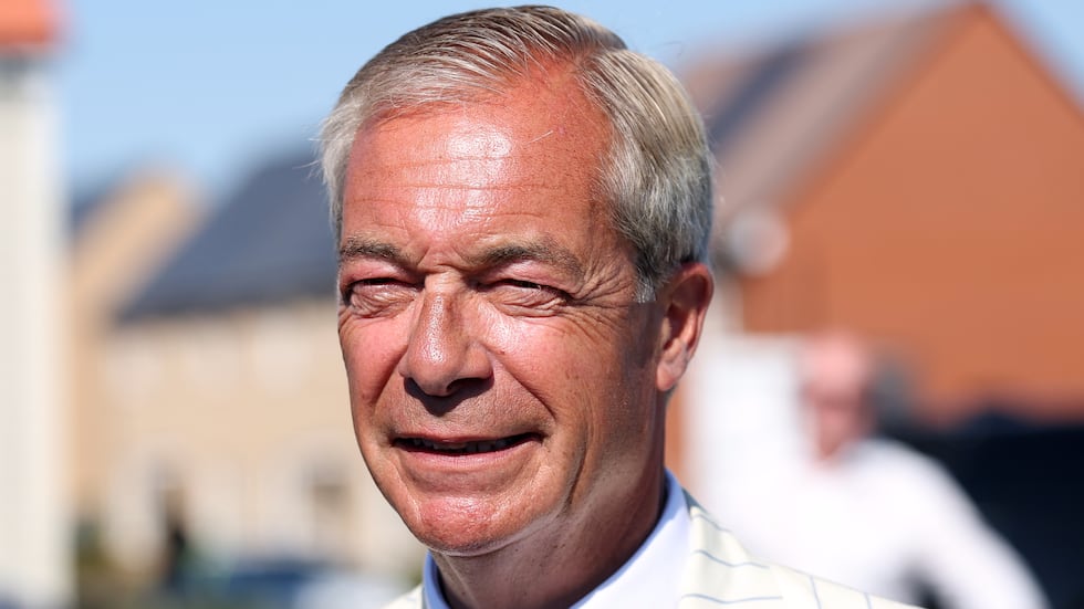 Britain's Reform UK party leader Nigel Farage arrives at a polling station in Walton on the...