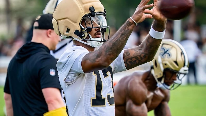 Ja'lynn Polk catches a pass at Saints training camp on Thursday, July 30. (Source: Jake...