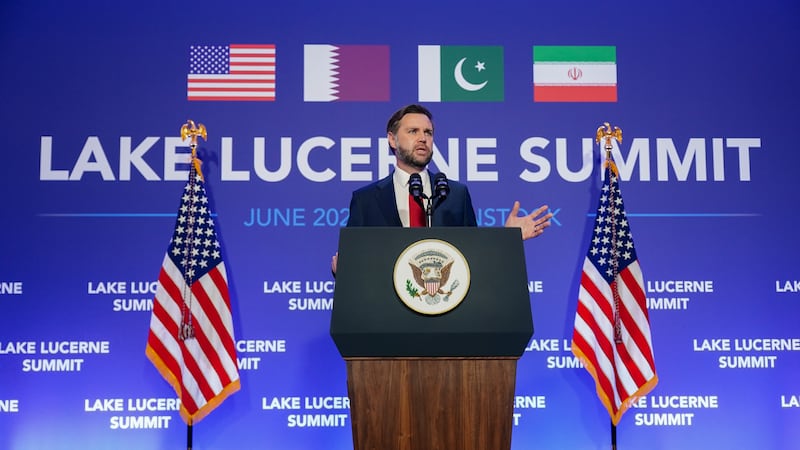 Vice President JD Vance speaks to members of the media after the U.S. and Iran held high-level...