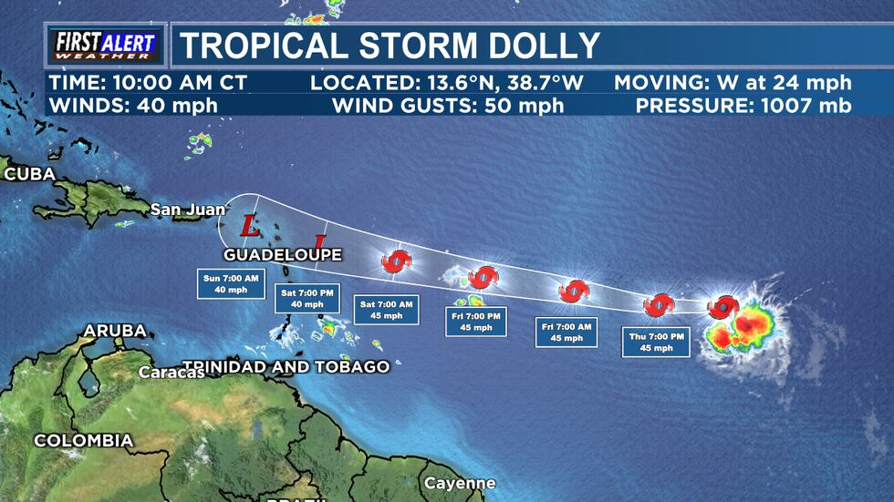 Tropical Storm Dolly formed Thursday over the central tropical Atlantic Ocean, far from land,...