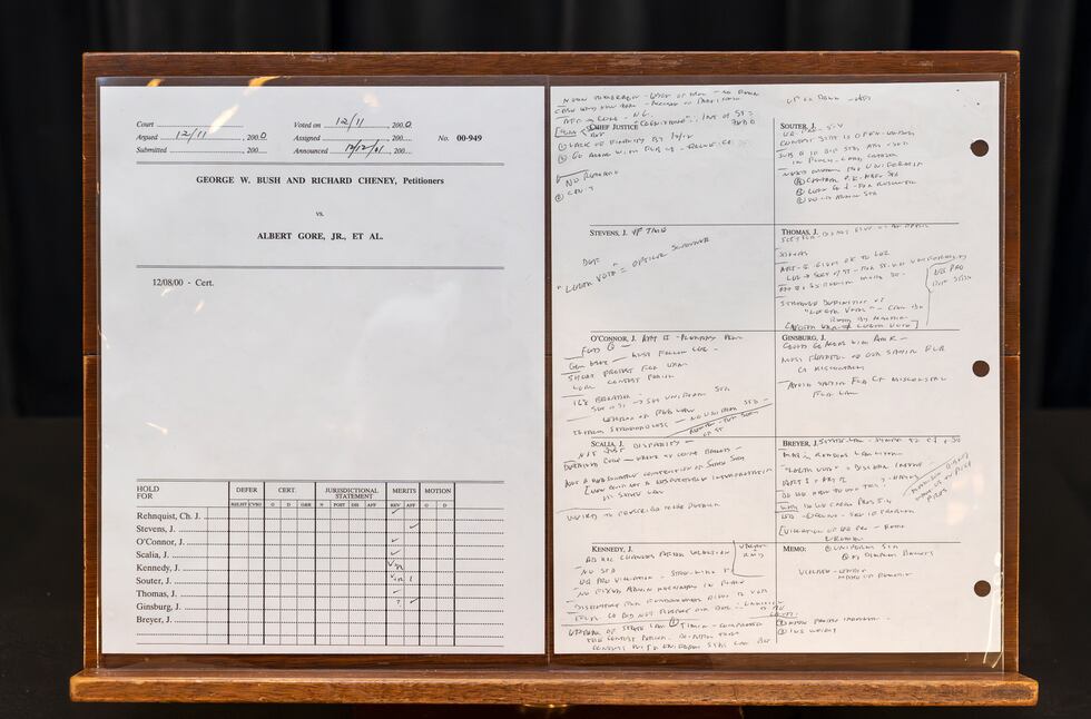 Papers of the late Supreme Court Justice John Paul Stevens are displayed, including his notes...