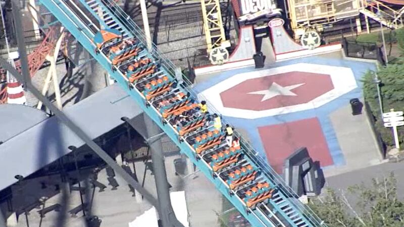 First Alert Chopper captured footage of the Goliath roller coaster stuck on the tracks and...