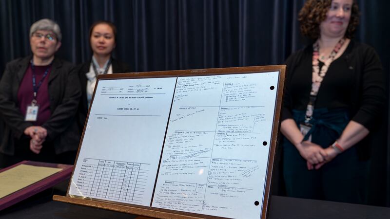 Papers of the late Supreme Court Justice John Paul Stevens are displayed, including his notes...