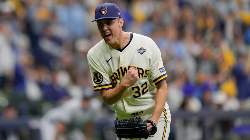 Milwaukee Brewers pitcher Jacob Misiorowski celebrates after the second inning of Game 1 of...