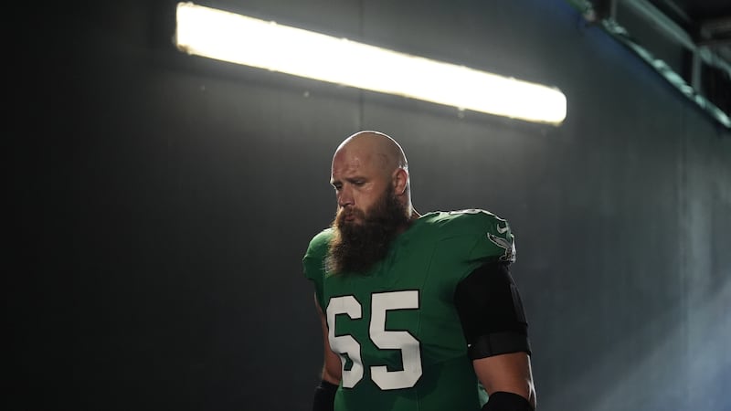 Philadelphia Eagles' Lane Johnson walks off the field before an NFL football game against the...