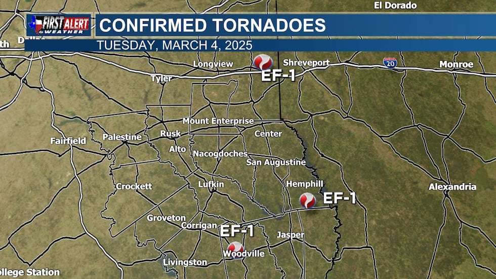 National Weather Service now confirms 3 EF-1 tornadoes in East Texas Tuesday