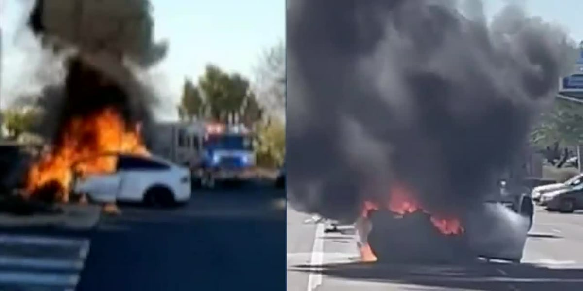 VIDEO: Tesla catches fire twice after crashing into building