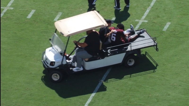 Texas A&M wide receiver Terry Bussey was carted off the field Saturday after the opening...