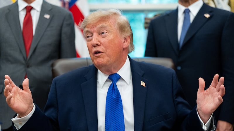President Donald Trump speaks in the Oval Office of the White House, Monday, Sept. 28, 2026,...